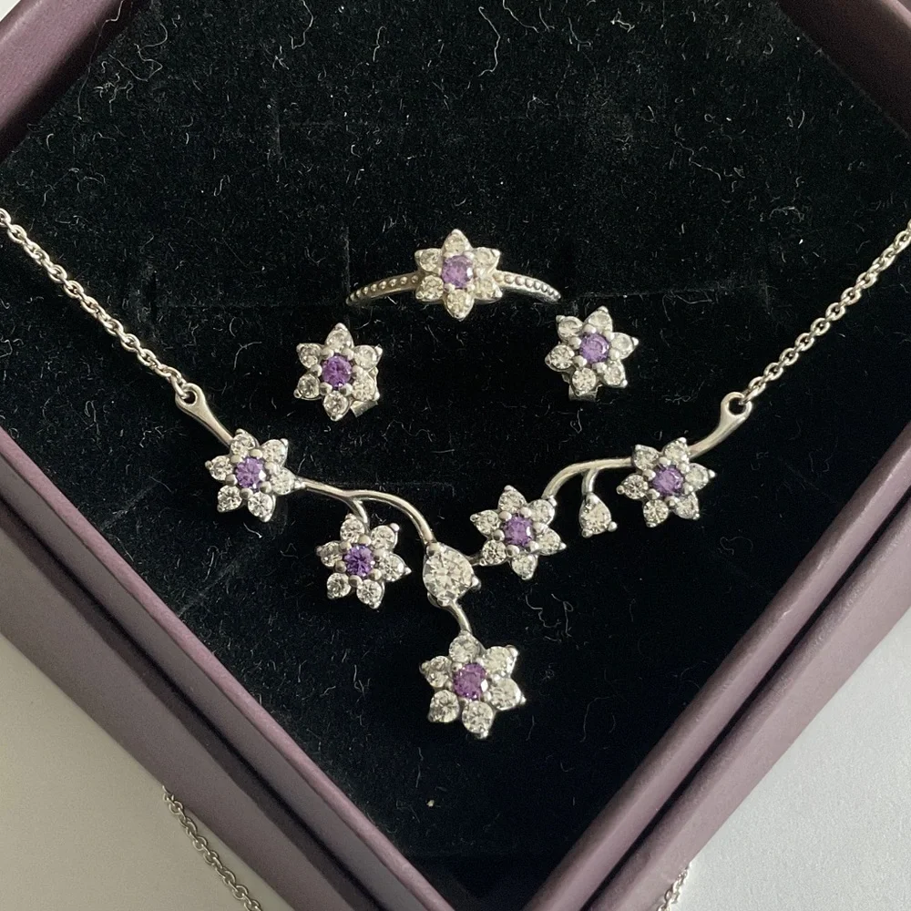 Pandora Silver Necklace with Purple Floral Accents - Picture 2 of 6